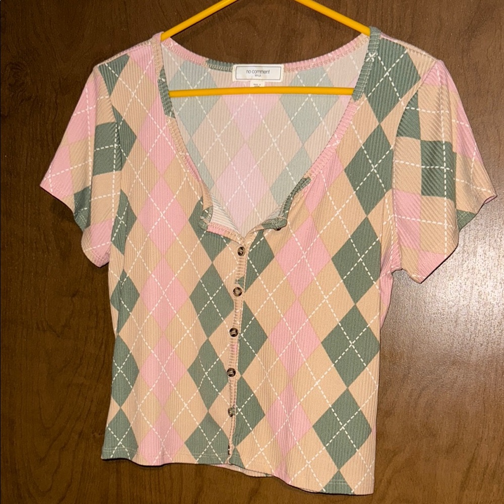 Pink and Green Argyle Button-Up Top
